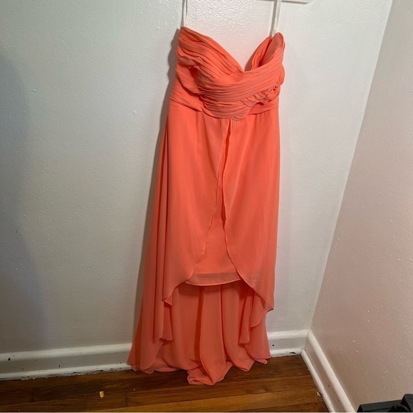 David’s Bridal Strapless High Low Dress with Front Detail Coral Reef - Picture 2 of 12